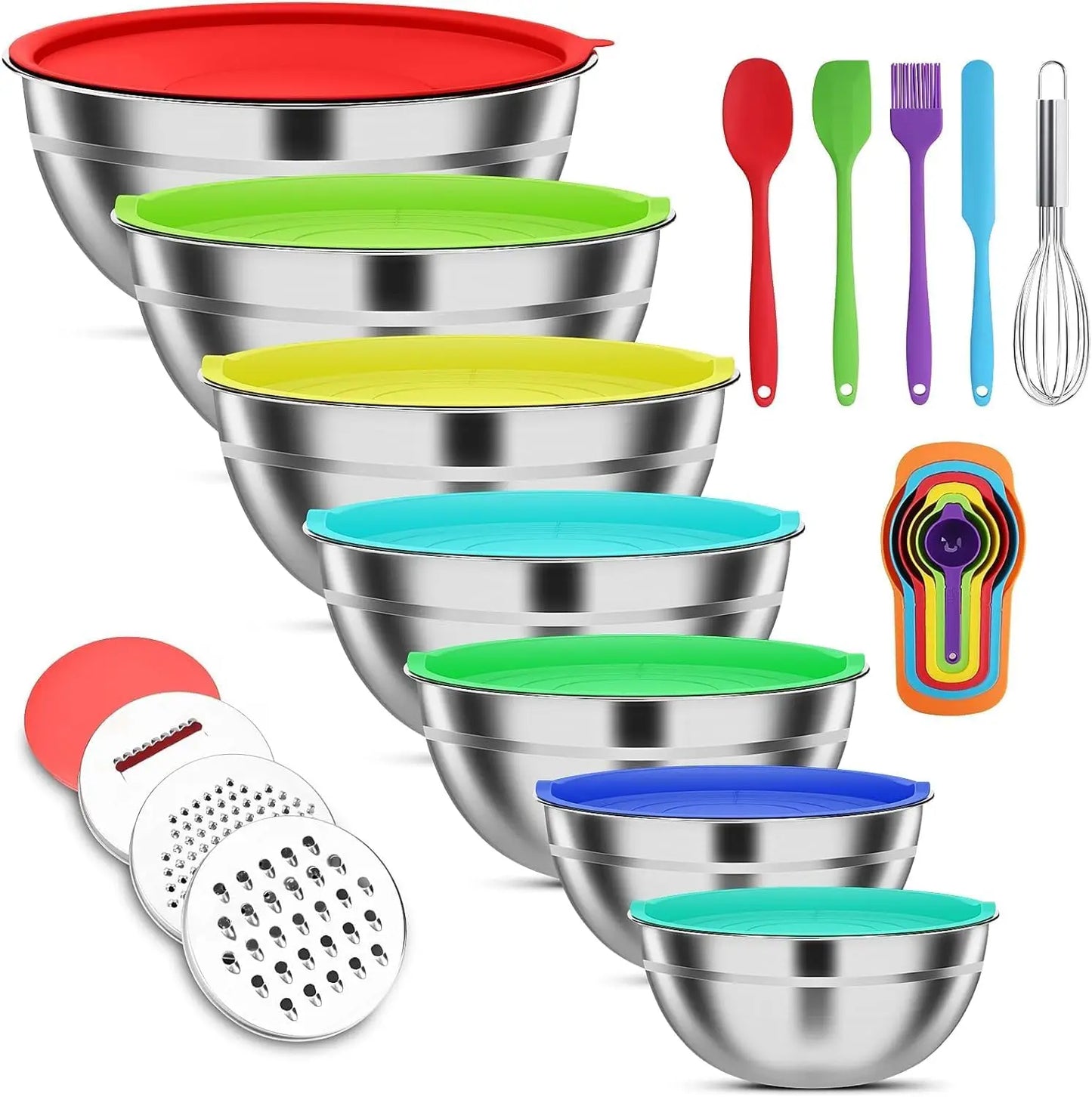 7-Piece Stainless Steel Mixing Bowls Set with Lids and 3 Graters, Sizes 4.5 to 0.7QT, Perfect for Kitchen Cooking Baking Serving