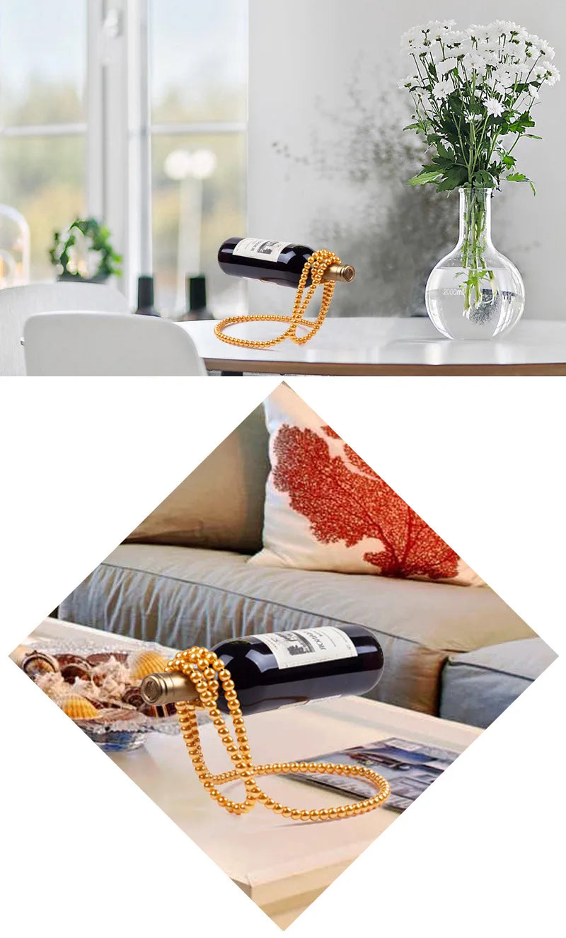 Creative Pearl Necklace Wine Rack Luxury Magic Metal Resin Hanging Suspension Wine Bottle Holder Rack Home Desktop Decoration