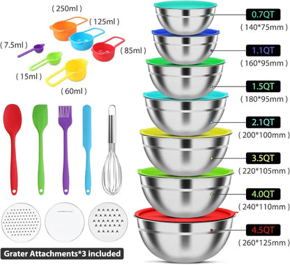 7-Piece Stainless Steel Mixing Bowls Set with Lids and 3 Graters, Sizes 4.5 to 0.7QT, Perfect for Kitchen Cooking Baking Serving
