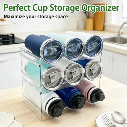 Water Bottle Organizer for Cabinet, Stackable 3 Pack Plastic Cup Holder, Tumbler Storage Rack for Kitchen Pantry Counter,