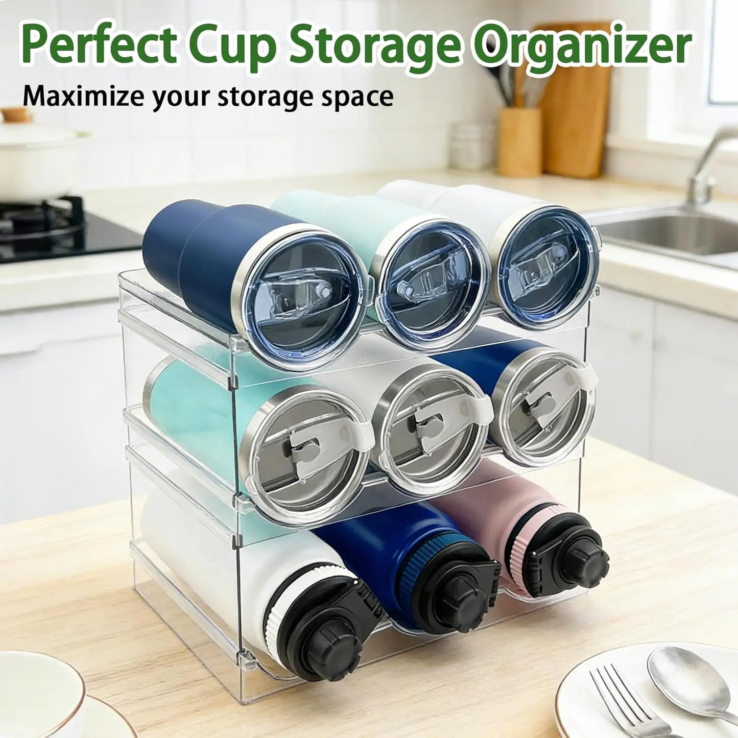 Water Bottle Organizer for Cabinet, Stackable 3 Pack Plastic Cup Holder, Tumbler Storage Rack for Kitchen Pantry Counter,