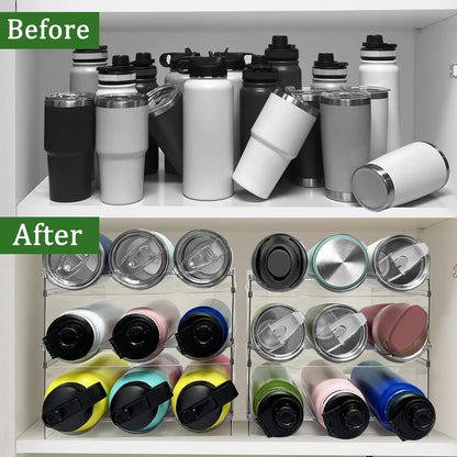 Water Bottle Organizer for Cabinet, Stackable 3 Pack Plastic Cup Holder, Tumbler Storage Rack for Kitchen Pantry Counter,
