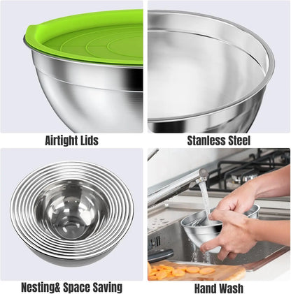 7-Piece Stainless Steel Mixing Bowls Set with Lids and 3 Graters, Sizes 4.5 to 0.7QT, Perfect for Kitchen Cooking Baking Serving