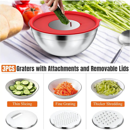 7-Piece Stainless Steel Mixing Bowls Set with Lids and 3 Graters, Sizes 4.5 to 0.7QT, Perfect for Kitchen Cooking Baking Serving