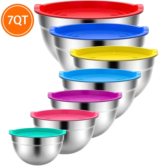 Stainless Steel Mixing Bowls Set with Lids - 7 Piece Nesting Bowl Collection for Kitchen, Various Capacities (7QT, 4.5QT, 3QT, 2QT, 1.5QT, 1QT, 0.7QT) - Ideal for Food Preparation, Baking, and Serving - Multicolor